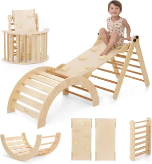 5 in 1 Pikler Triangle Set Climber, Toddler Climbing Toys Indoor, Wooden Montessori Climbing Set with Arch Ramp, Ladder & Rocker, Baby Indoor Climber Jungle Gyms for Toddlers Toy, Natural