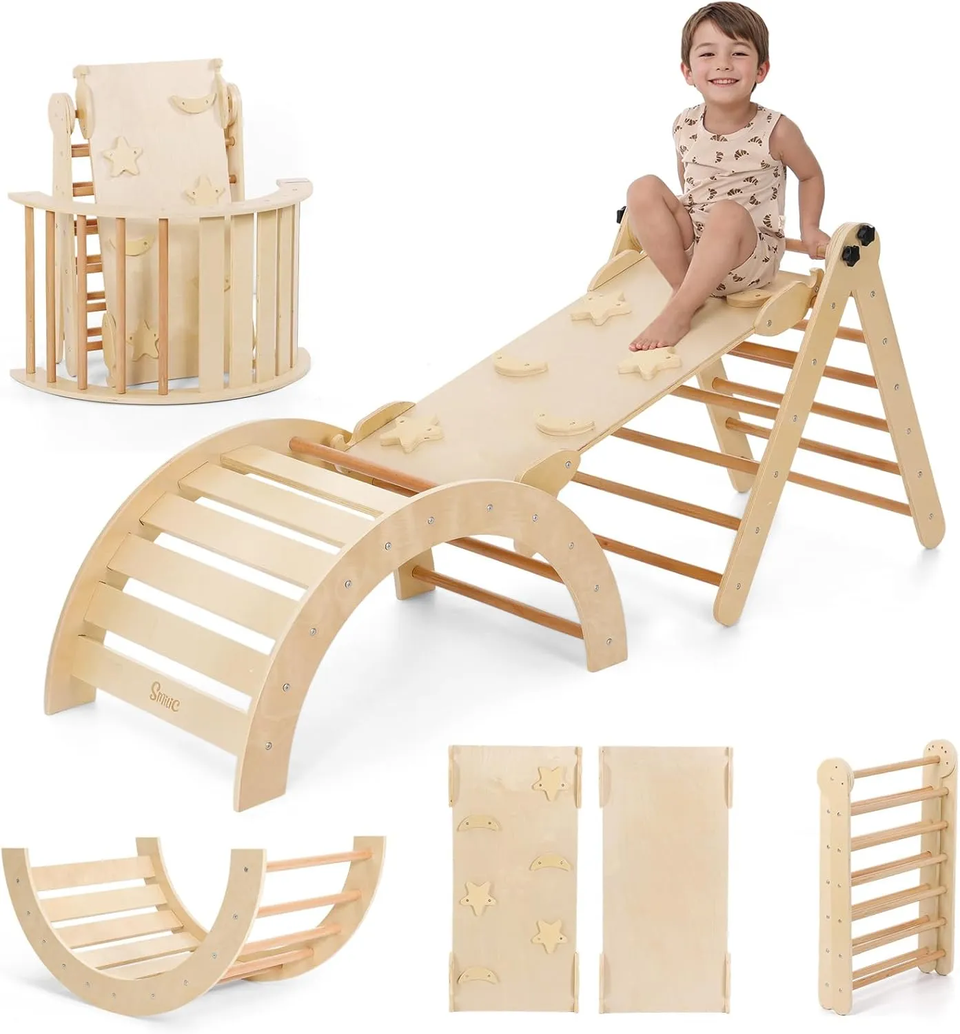 5 in 1 Pikler Triangle Set Climber, Toddler Climbing Toys Indoor, Wooden Montessori Climbing Set with Arch Ramp, Ladder & Rocker, Baby Indoor Climber Jungle Gyms for Toddlers Toy, Natural