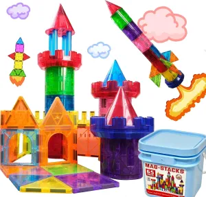 65pcs Realistic Castle topic Rocket-On magnetic tiles /w luxury Plastic storage box, Must have Supplement for magnetic blocks, Rare Gift for toddlers 3,4,5,6,8,CPSC Safety Certification Guarantee