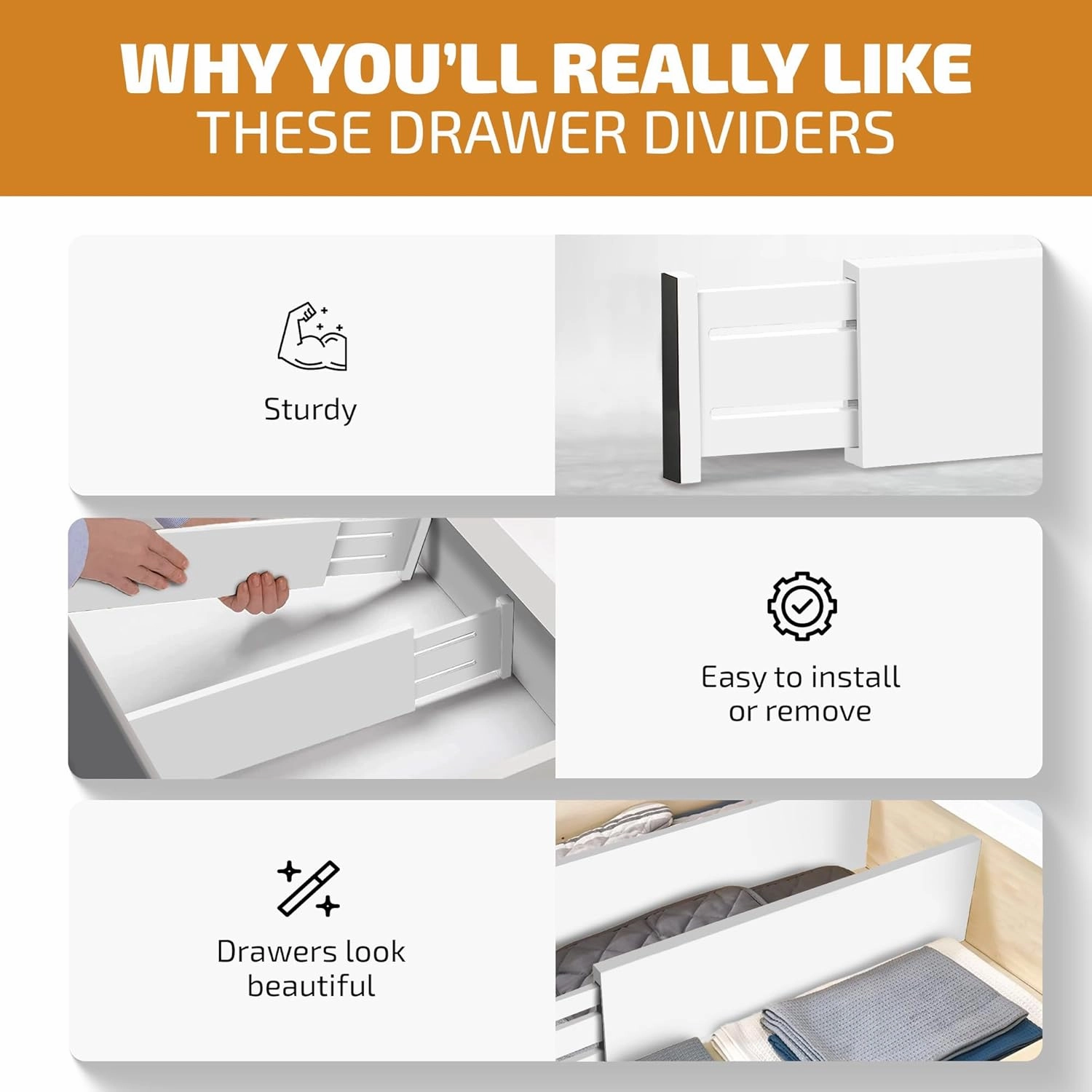 6 Pack Drawer Dividers 6 Inch High, 11”-17" Adjustable Bamboo Organizers Large Expandable Drawer Separators for Cloths, Dresser, Bedroom, Bathroom, Baby Drawer, Office & Kitchen Utensils (White)