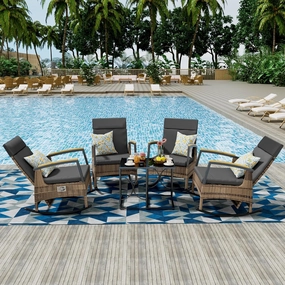 6 Pieces Outdoor Recliner Chair Set, Rattan Wicker Rocking Chairs with Adjustable Backrest, Cushions, and C Shaped End Table for Patio Home Backyard Garden, Grey