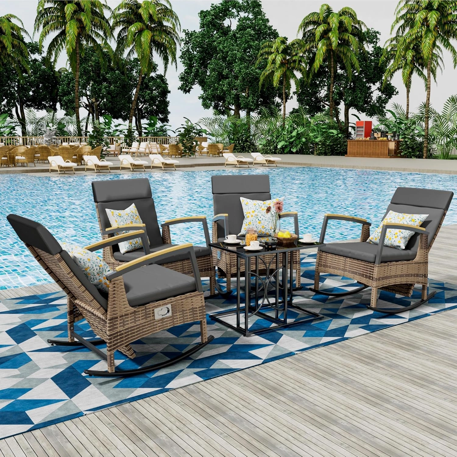 6 Pieces Outdoor Recliner Chair Set, Rattan Wicker Rocking Chairs with Adjustable Backrest, Cushions, and C Shaped End Table for Patio Home Backyard Garden, Grey