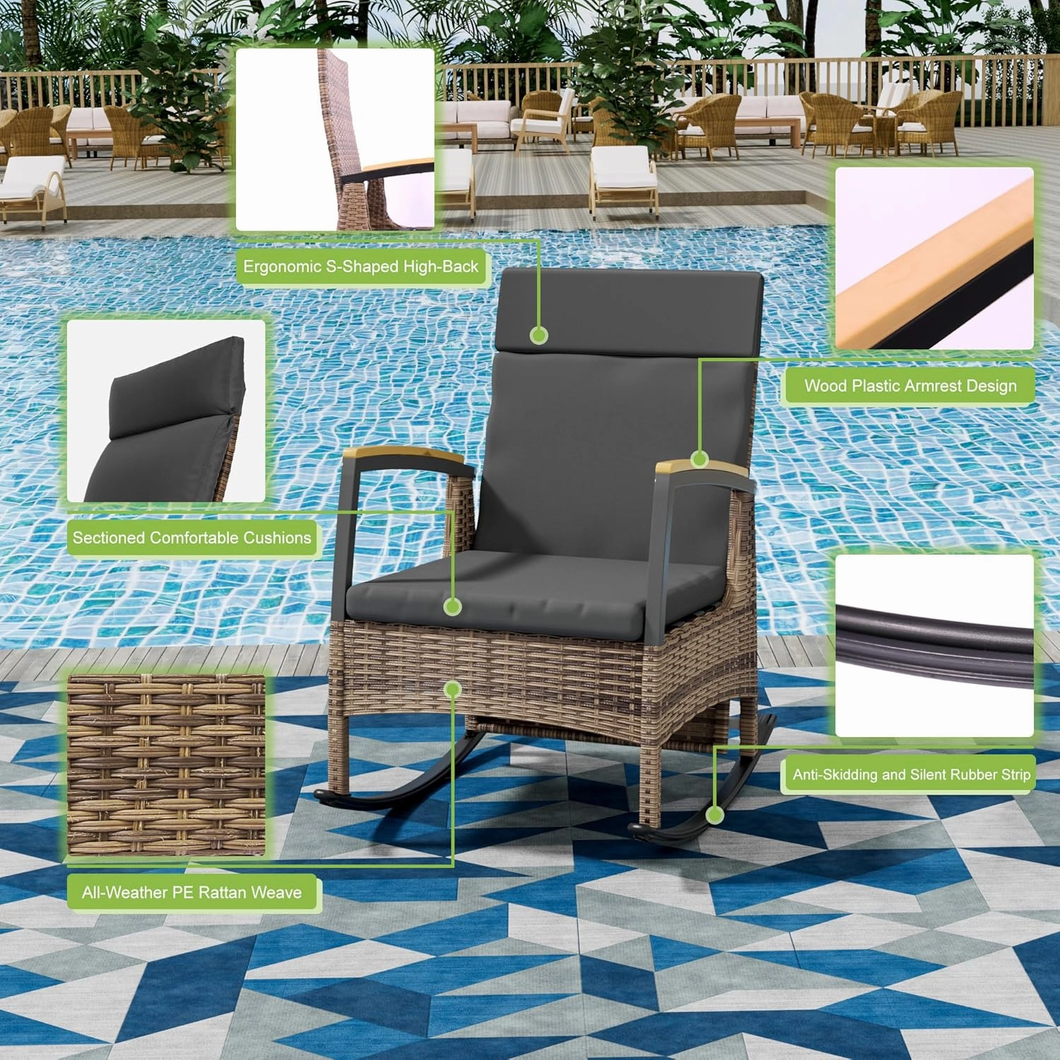 6 Pieces Outdoor Recliner Chair Set, Rattan Wicker Rocking Chairs with Adjustable Backrest, Cushions, and C Shaped End Table for Patio Home Backyard Garden, Grey
