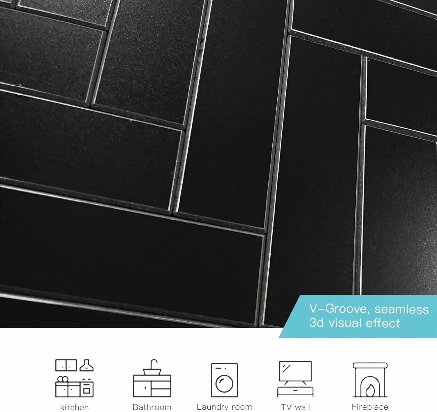 6-Sheet Peel and Stick Black Chevron Blacksplash Tile, Herringbone Aluminum Composite Panel Self Adhesive Wall Tiles Stick on Bathroom and Kitchen