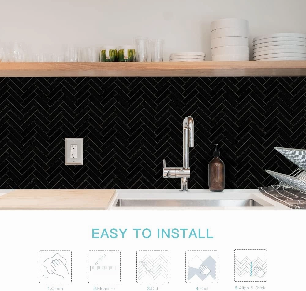 6-Sheet Peel and Stick Black Chevron Blacksplash Tile, Herringbone Aluminum Composite Panel Self Adhesive Wall Tiles Stick on Bathroom and Kitchen