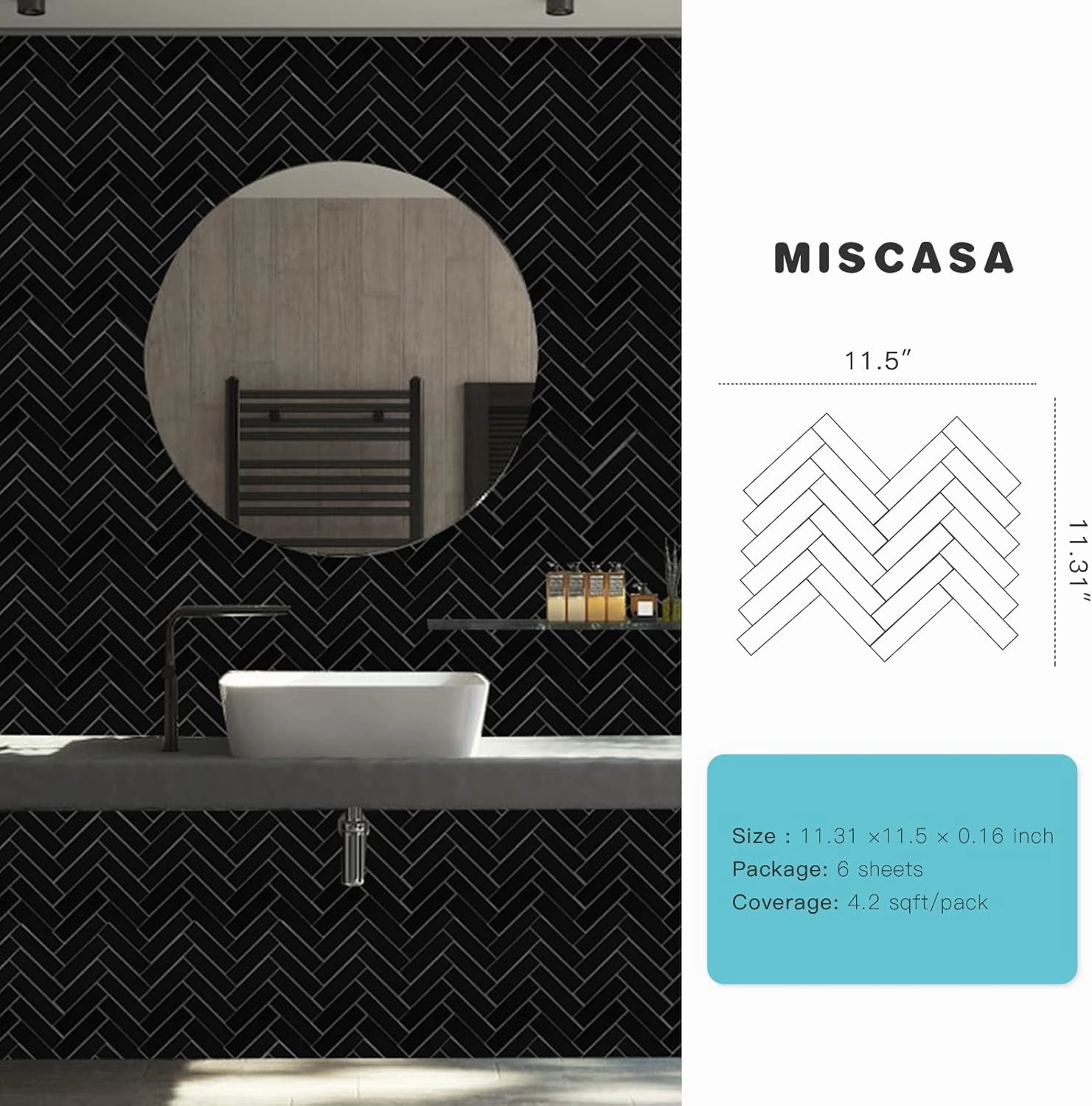 6-Sheet Peel and Stick Black Chevron Blacksplash Tile, Herringbone Aluminum Composite Panel Self Adhesive Wall Tiles Stick on Bathroom and Kitchen
