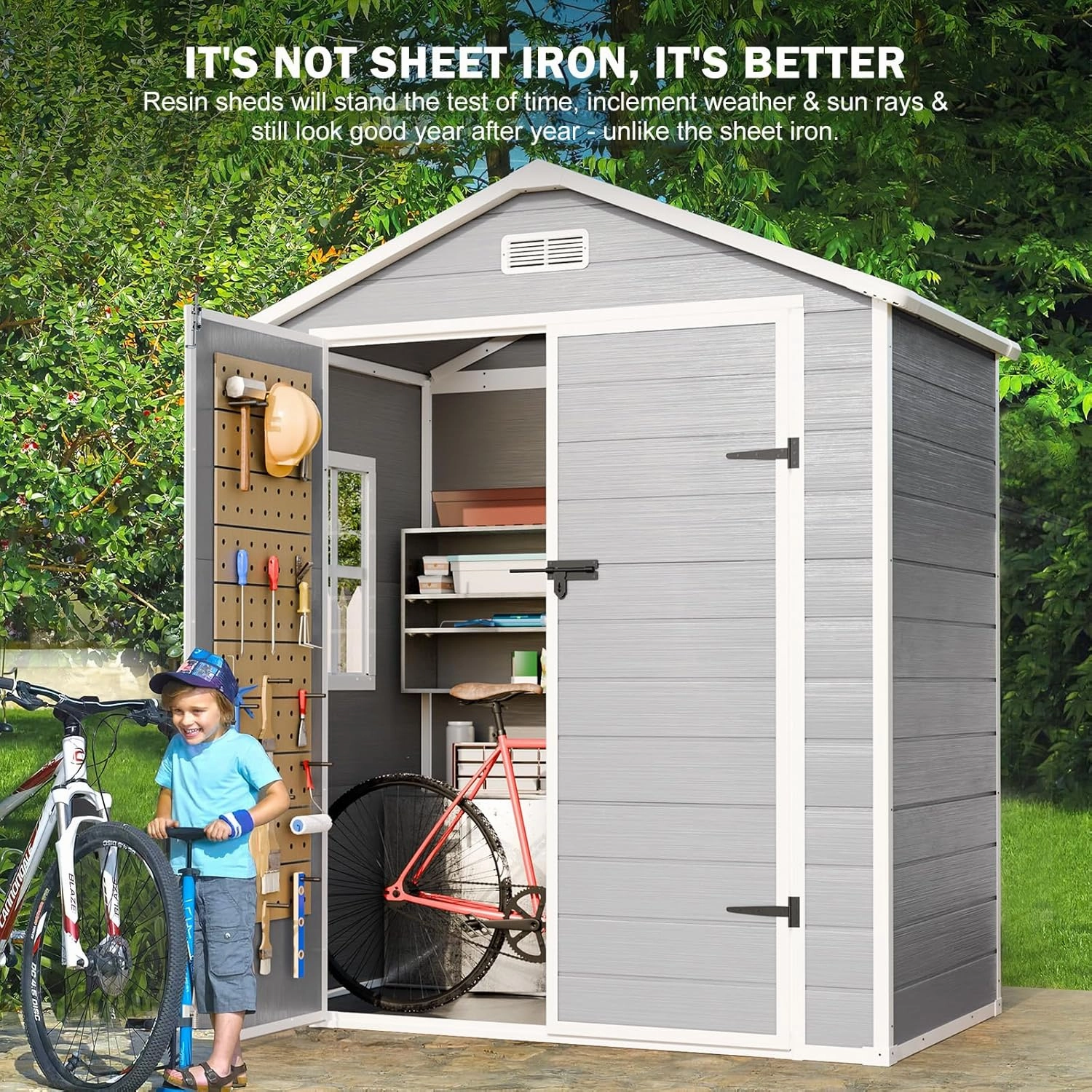 6x3 FT Resin Storage Shed, Waterproof Outdoor Storage Shed with Floor, Window, Double Lockable Doors & 2 Vents, Tool Shed for Garden Patio, Backyard, Grey