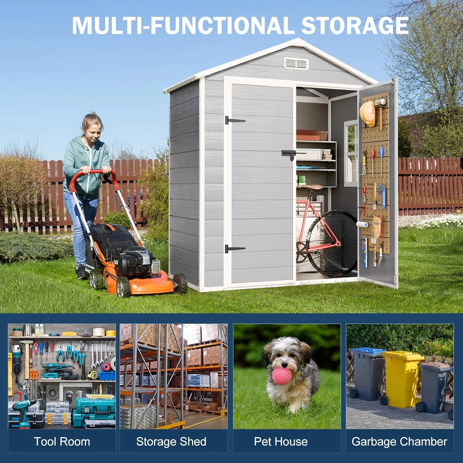 6x3 FT Resin Storage Shed, Waterproof Outdoor Storage Shed with Floor, Window, Double Lockable Doors & 2 Vents, Tool Shed for Garden Patio, Backyard, Grey