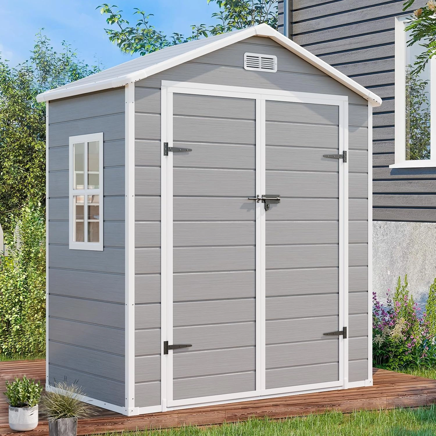 6x3 FT Resin Storage Shed, Waterproof Outdoor Storage Shed with Floor, Window, Double Lockable Doors & 2 Vents, Tool Shed for Garden Patio, Backyard, Grey