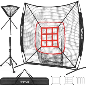 7x7 ft Baseball Net for Batting Pitching Hitting, Softball Pitching Net with Strike Zone, Tee, Ball Caddy, Softball Batting Net Baseball Training Equipment for Kids Adult Youth Sport Practice