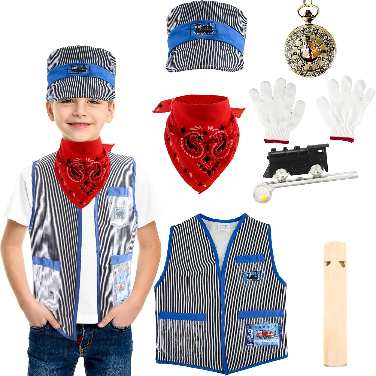 8 Pcs Kids Train Engineer Costume Set Train Conductor Outfit Conductor Cap Train Conductor Dress Up Kit for Kids Halloween Role Play Career Day Pretend Party Cosplay, As Shown in the Pictures