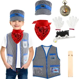 8 Pcs Kids Train Engineer Costume Set Train Conductor Outfit Conductor Cap Train Conductor Dress Up Kit for Kids Halloween Role Play Career Day Pretend Party Cosplay, As Shown in the Pictures