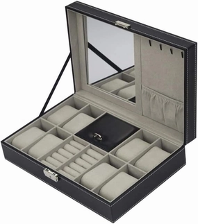 8 3 Mixed Grids Watch Box Pu Leather Suede Inside Word Buckle Storage Jewelry Display Storage Mens Case (Color : B)
