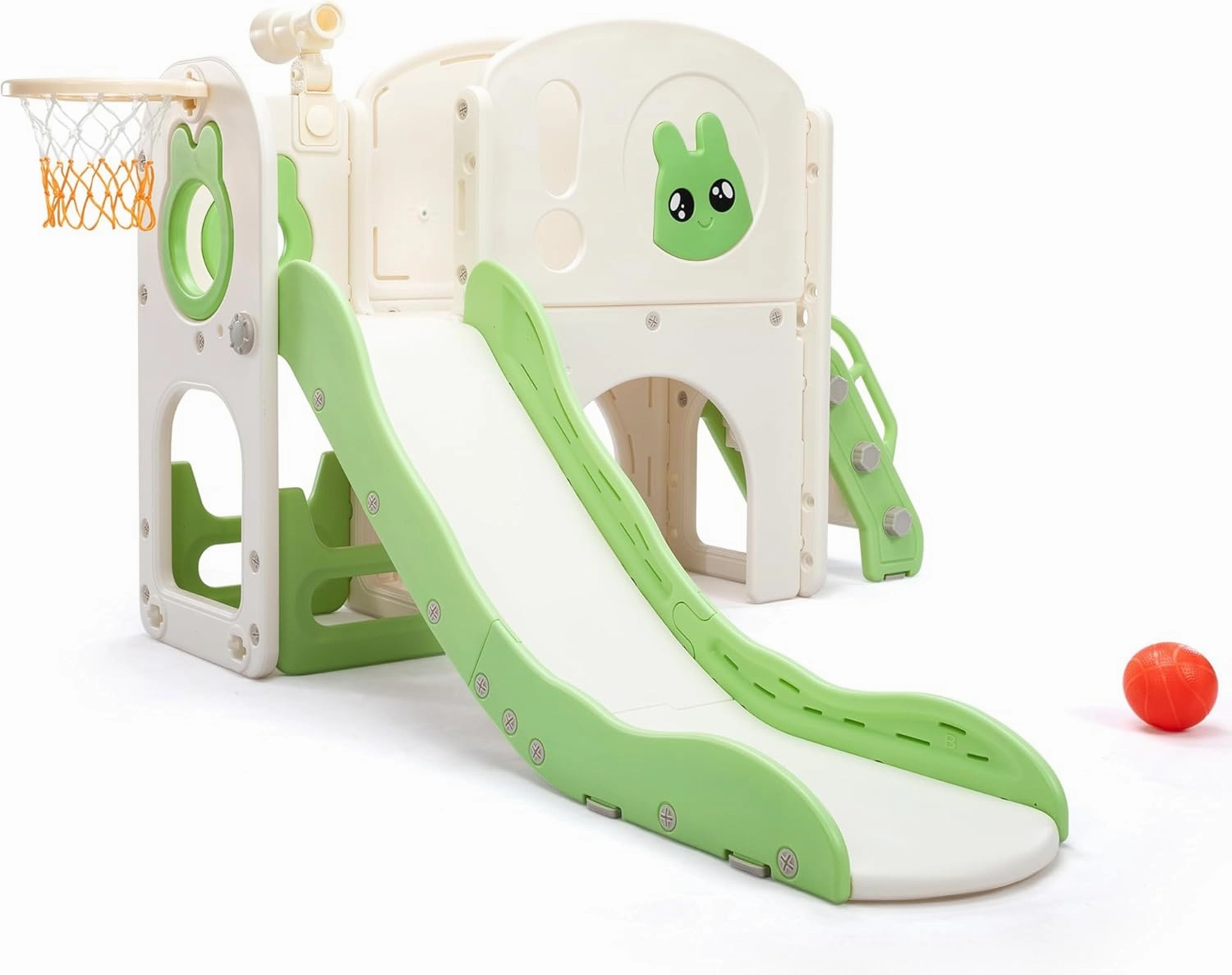 8-in-1 Toddler Slide and Climber Playset, Kids Slide Playground with Stairs, Tunnel, Telescope, Storage, Basketball Hoop and Ball, Indoor Outdoor, 1-3 Years Old, Green
