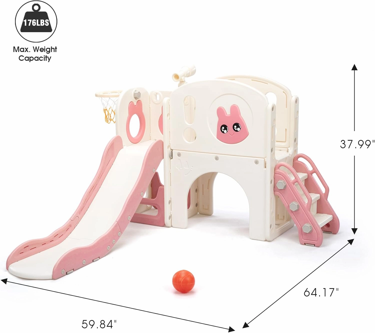 8-in-1 Toddler Slide and Climber Playset, Kids Slide Playground with Stairs, Tunnel, Telescope, Storage, Basketball Hoop and Ball, Indoor Outdoor, 1-3 Years Old, Pink