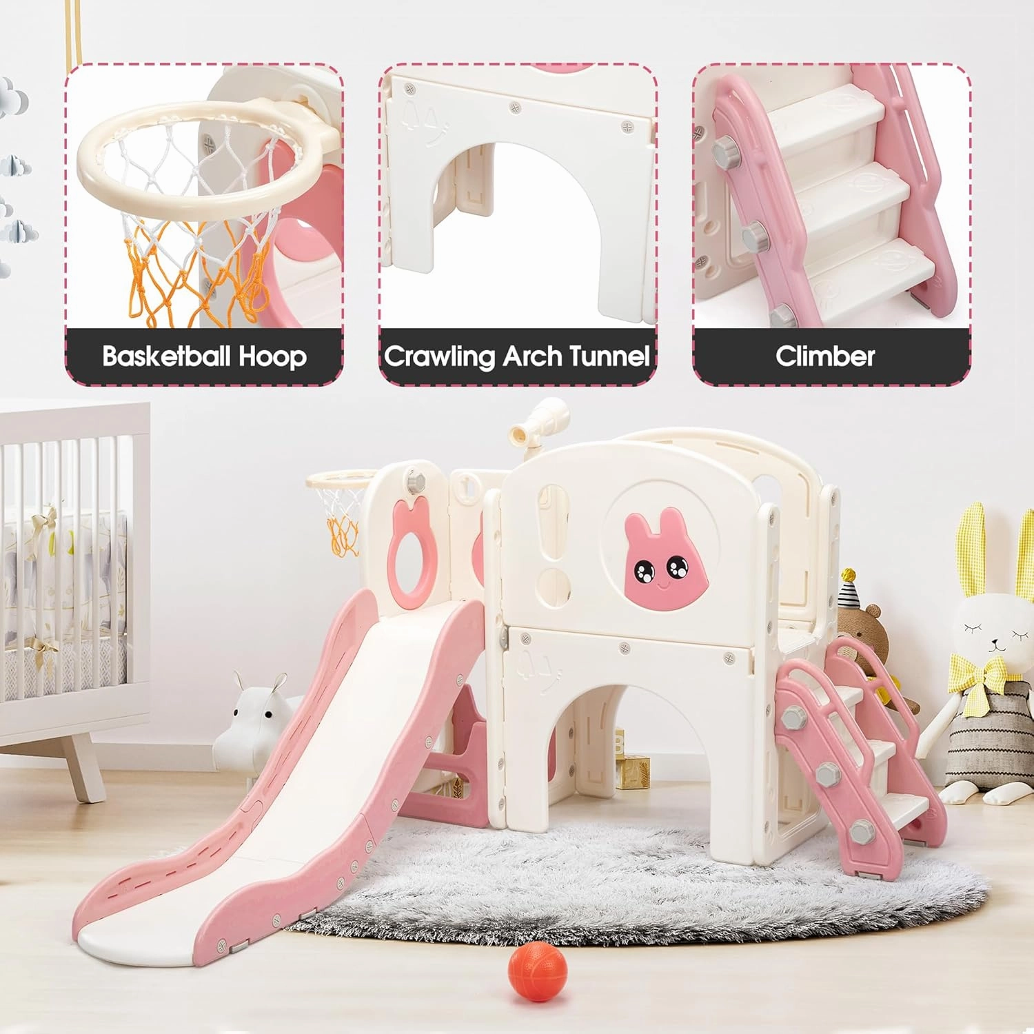 8-in-1 Toddler Slide and Climber Playset, Kids Slide Playground with Stairs, Tunnel, Telescope, Storage, Basketball Hoop and Ball, Indoor Outdoor, 1-3 Years Old, Pink