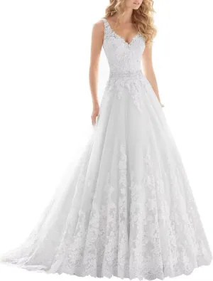 A Line Tulle Wedding Dresses for Bride V Neck Sleeveless Bridal Gowns Lace Appliques Boho Floral Wedding Gowns 2025