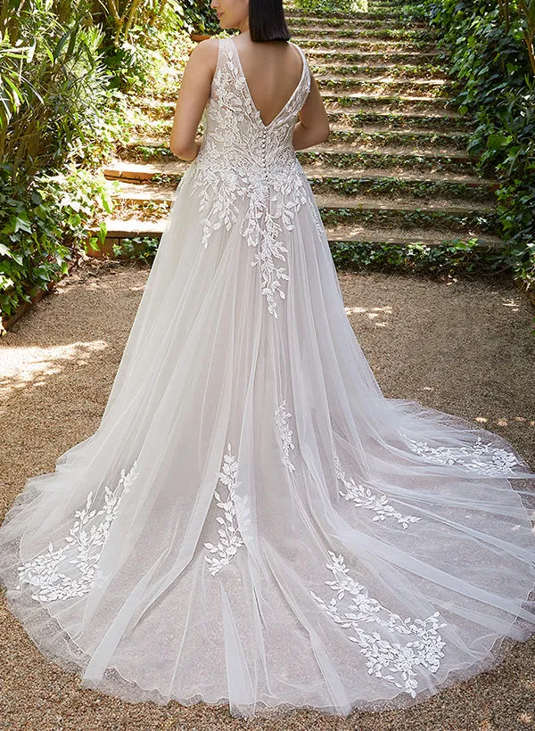 A Line V Neck Sleeveless Court Train Tulle Wedding Dress With Appliques Lace