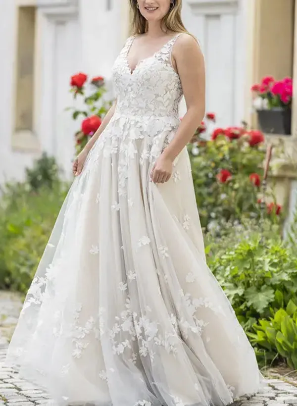 A Line V Neck Sleeveless Lace Wedding Dress With Appliques Lace