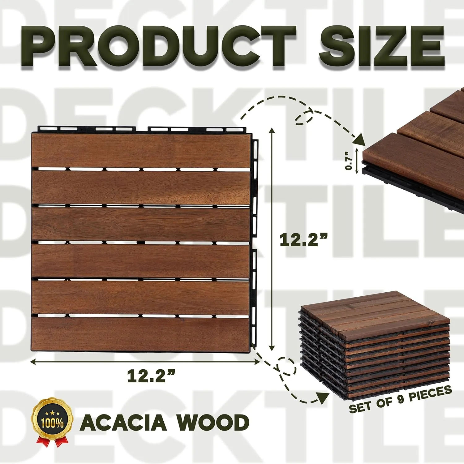 Acacia Wood Flooring Interlocking Deck Tiles for Patio Decor 9 Pcs 6 Slats VR Brown - Waterproof Indoor & Outdoor Decor - Balcony Garden Decking Tile (12.24 * 12.24 * 0.75 inches)