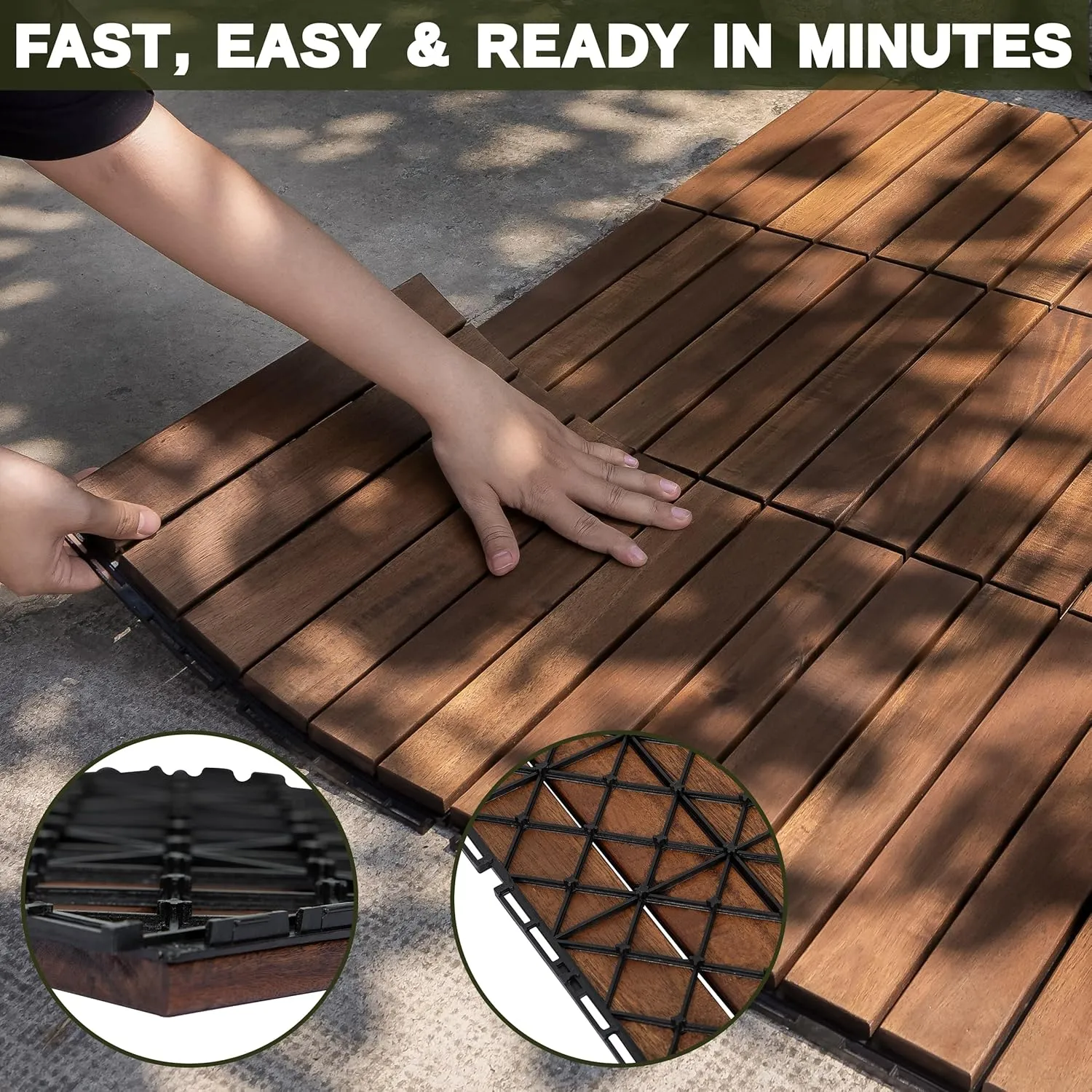 Acacia Wood Flooring Interlocking Deck Tiles for Patio Decor 9 Pcs 6 Slats VR Brown - Waterproof Indoor & Outdoor Decor - Balcony Garden Decking Tile (12.24 * 12.24 * 0.75 inches)