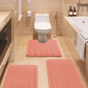 ACCUMTEK Striped Coral Bathroom Rug Set 3 Pieces Ultra Soft, Non Slip Chenille Toilet Mat, Absorbent Plush Shaggy Bath Mats for Bathroom, Bedroom, Kitchen