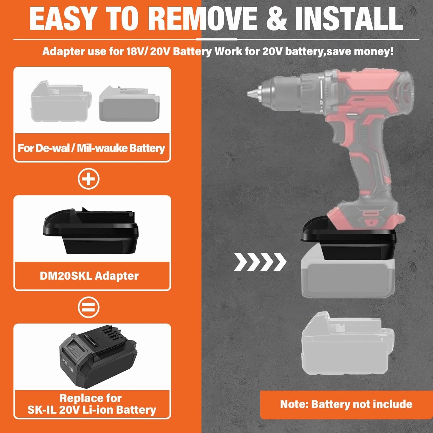 Adapter for DeWalt 20V Battery & for Milwaukee M18 Battery Convert for SKIL 20V Battery PWR CORE Cordless Power Tools Use (Adapter Only)
