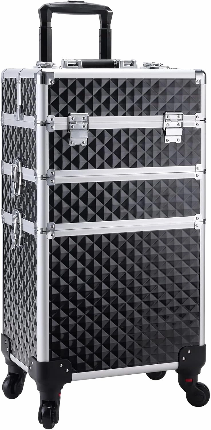 Adazzo 3 in 1 Professional Rolling Makeup Train Case Aluminum Trolley Case with 360° Rotation Wheels for Makuep Artist Cosmetic Suitcase Organizer with Lock and Key Diamond Pattern - Black