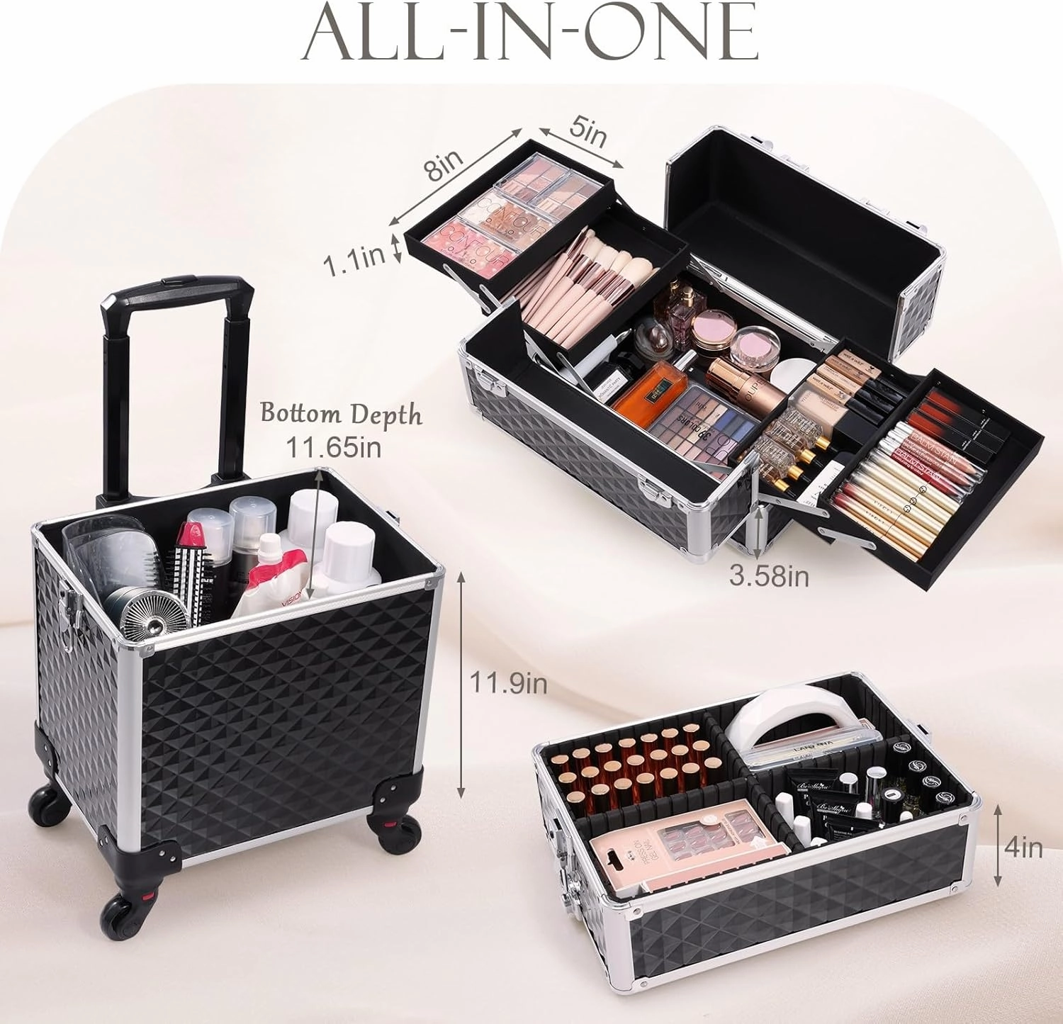 Adazzo 3 in 1 Professional Rolling Makeup Train Case Aluminum Trolley Case with 360° Rotation Wheels for Makuep Artist Cosmetic Suitcase Organizer with Lock and Key Diamond Pattern - Black