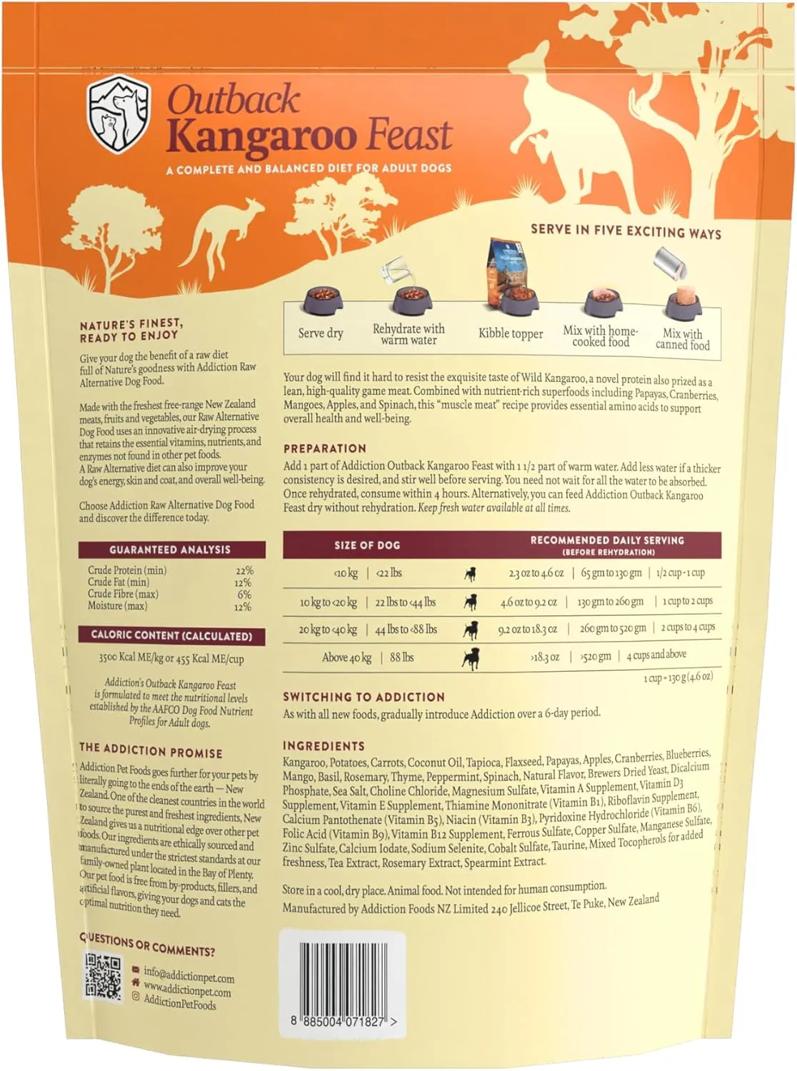Addiction Outback Kangaroo Feast Air-Dried Grain-Free Dog Food – Complete Meal or Topper with Natural Ingredients for Digestive and Skin & Coat Health, 2lb