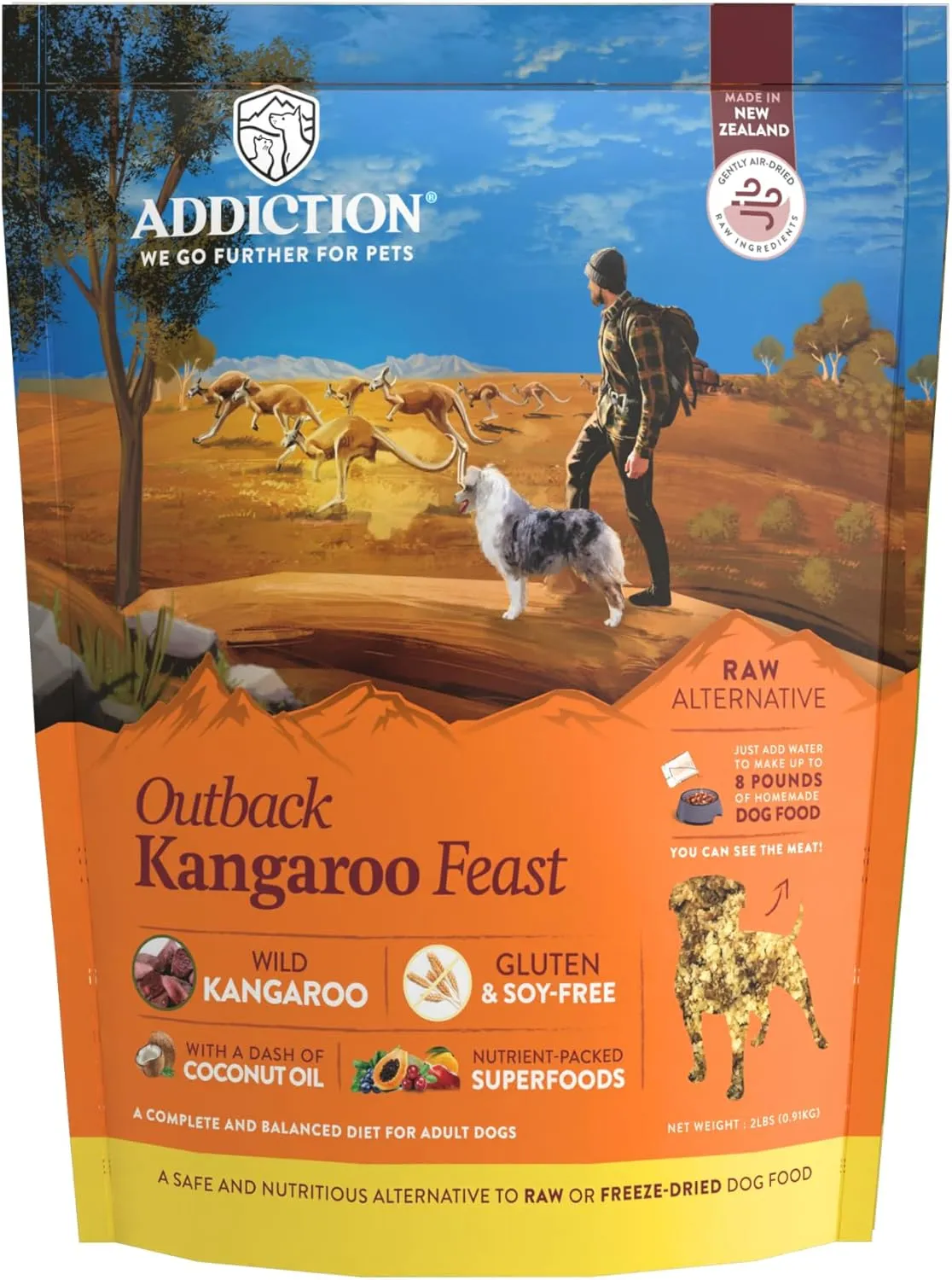 Addiction Outback Kangaroo Feast Air-Dried Grain-Free Dog Food – Complete Meal or Topper with Natural Ingredients for Digestive and Skin & Coat Health, 2lb
