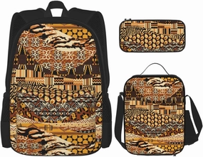 African Style Patchwork Print Versatile Adjustable Shoulder Fashion Backpack Lunch Bag Pencil Case Large Capacity