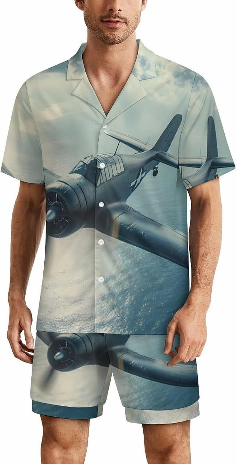 Airplane Aviation Mens Pajamas Set Short Sleeve Shirt And Shorts Sleepwear PJ Sets Loungewear