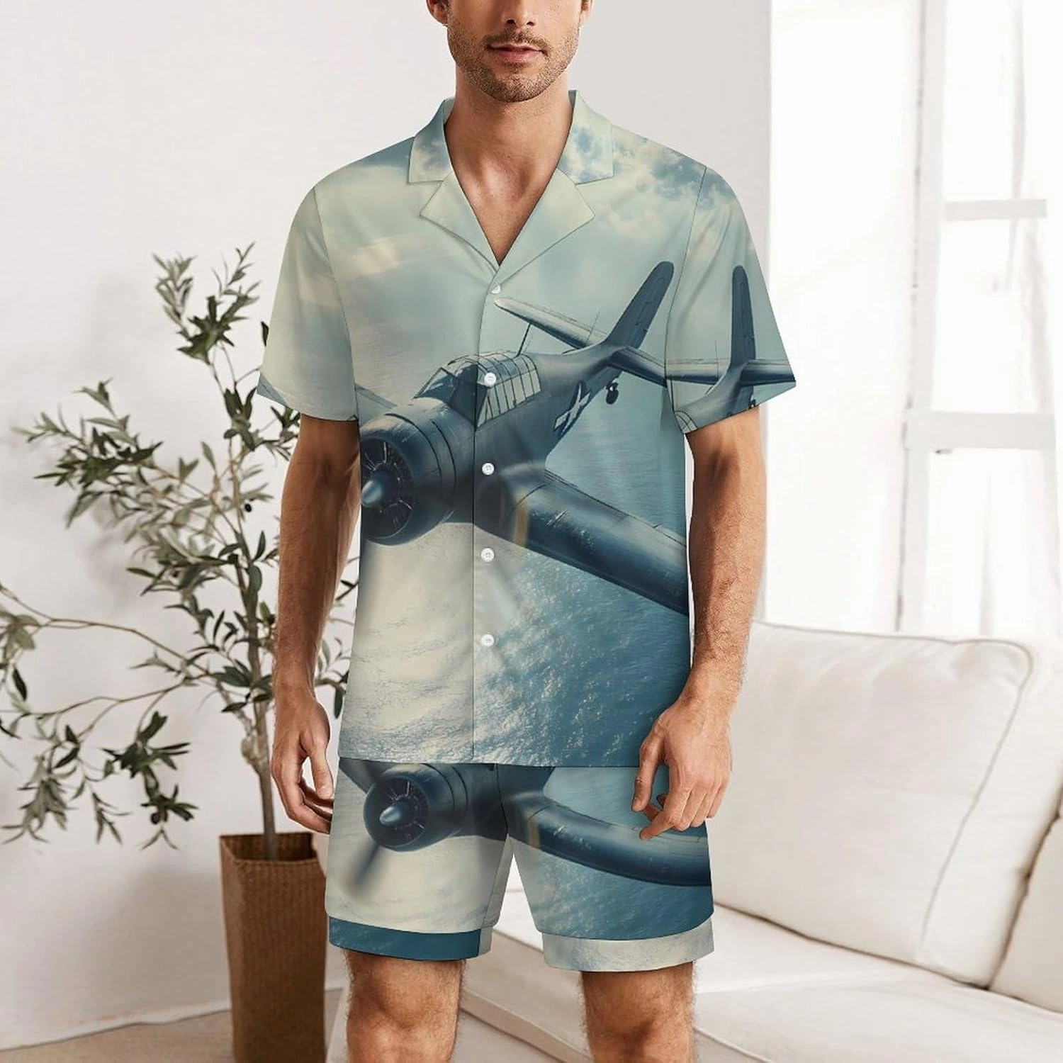 Airplane Aviation Mens Pajamas Set Short Sleeve Shirt And Shorts Sleepwear PJ Sets Loungewear