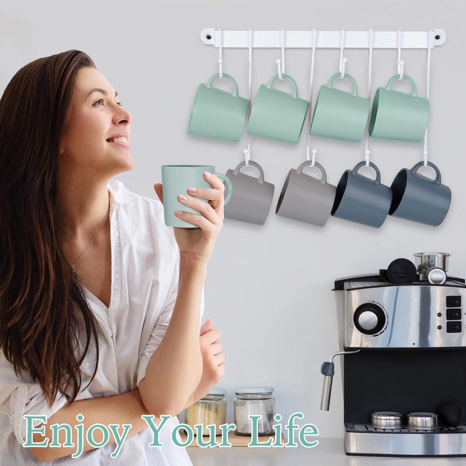 AJART Coffee Mug Rack Form Hand-Forged Cup Holder (17”/ White) Coffee Mug Hangers with 8 Hooks for Kitchen Organizer and Mug Hangers for The Wall