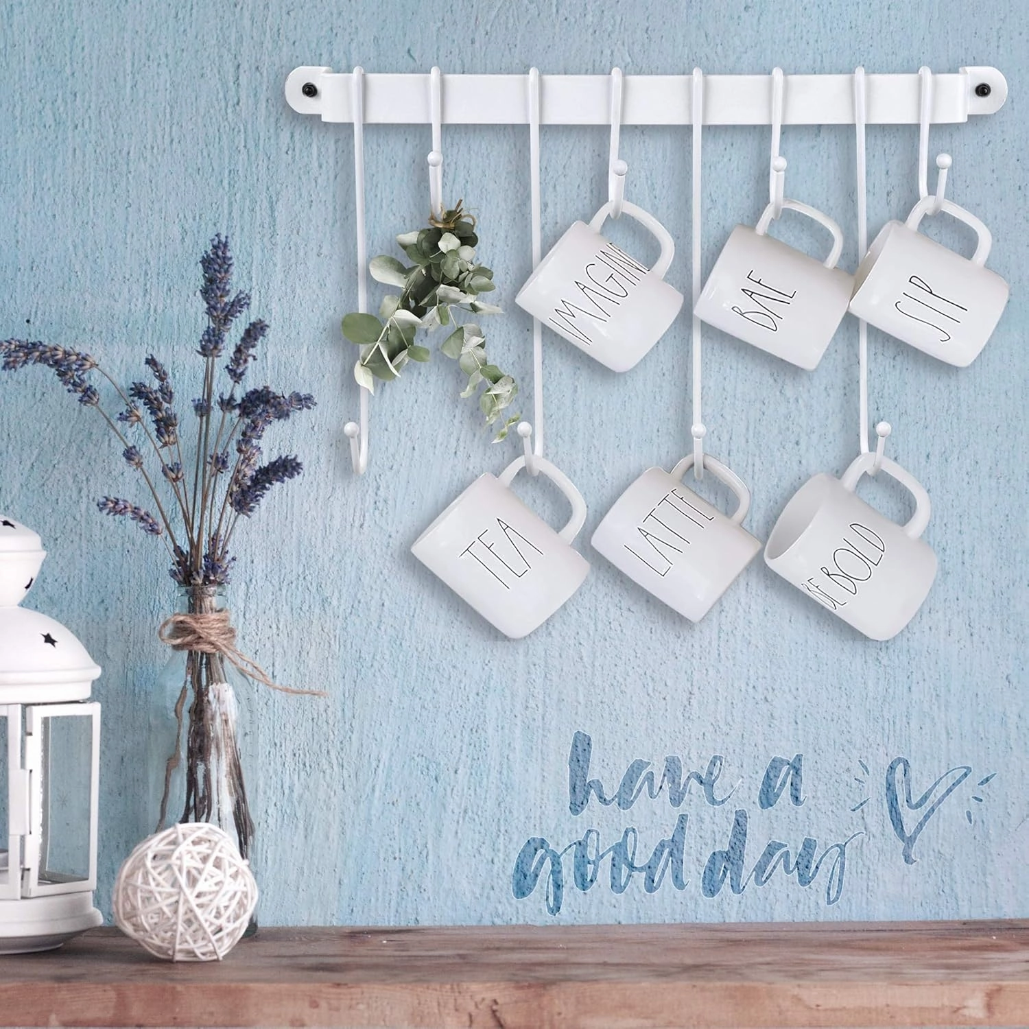 AJART Coffee Mug Rack Form Hand-Forged Cup Holder (17”/ White) Coffee Mug Hangers with 8 Hooks for Kitchen Organizer and Mug Hangers for The Wall