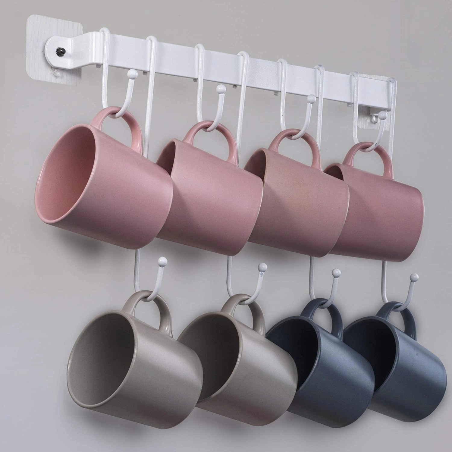 AJART Coffee Mug Rack Form Hand-Forged Cup Holder (17”/ White) Coffee Mug Hangers with 8 Hooks for Kitchen Organizer and Mug Hangers for The Wall