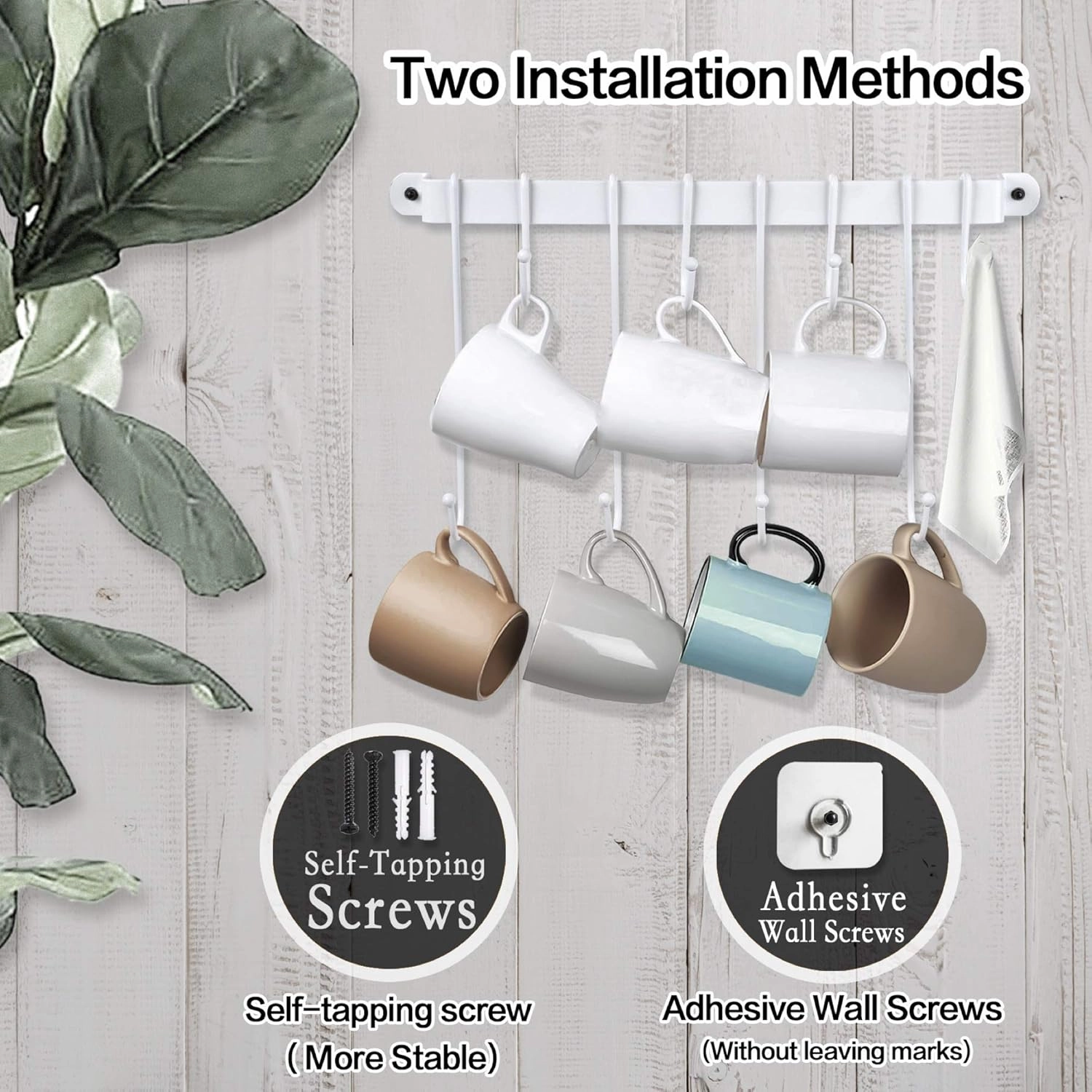 AJART Coffee Mug Rack Form Hand-Forged Cup Holder (17”/ White) Coffee Mug Hangers with 8 Hooks for Kitchen Organizer and Mug Hangers for The Wall