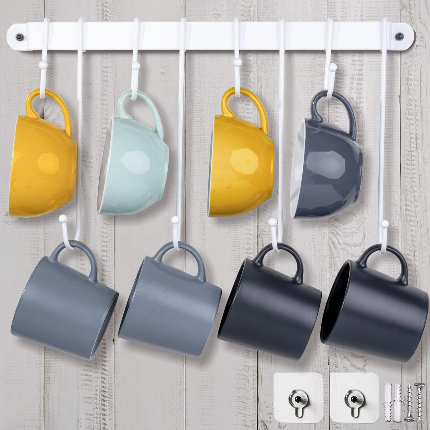 AJART Coffee Mug Rack Form Hand-Forged Cup Holder (17”/ White) Coffee Mug Hangers with 8 Hooks for Kitchen Organizer and Mug Hangers for The Wall