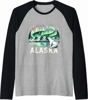 Alaska Northern Lights Aurora Viewing Bear Vacation Alaska Raglan Baseball Tee
