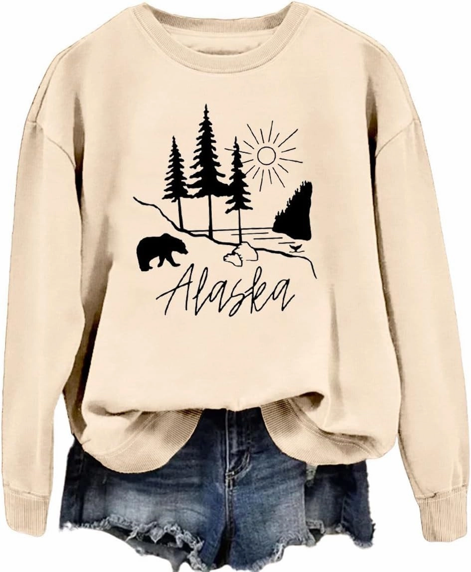 Alaska Sweatshirt Bear Lake Mountains Graphic Shirts Camping Hiking Sweater Women Casual Nature Lover Pullover Tops