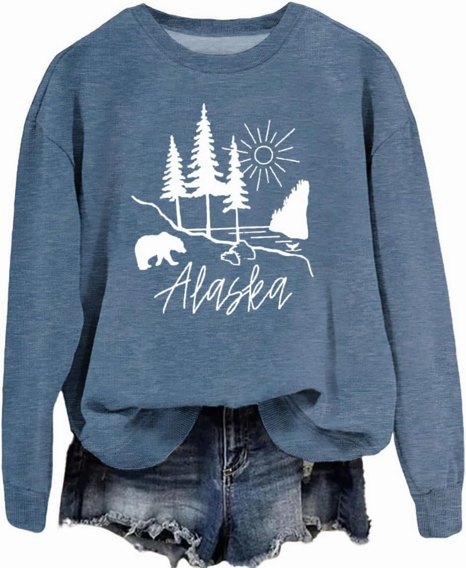 Alaska Sweatshirt Bear Lake Mountains Graphic Shirts Camping Hiking Sweater Women Casual Nature Lover Pullover Tops