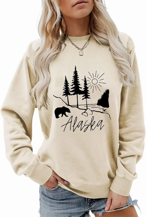 Alaska Sweatshirt Bear Lake Mountains Graphic Shirts Camping Hiking Sweater Women Casual Nature Lover Pullover Tops
