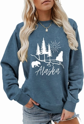 Alaska Sweatshirt Bear Lake Mountains Graphic Shirts Camping Hiking Sweater Women Casual Nature Lover Pullover Tops