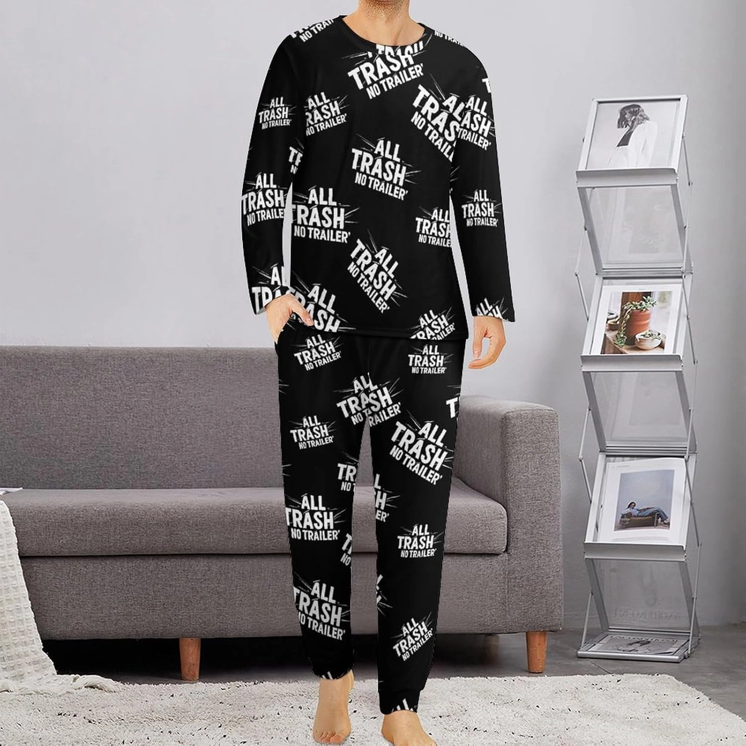 All Trash No Trailer Warm Mens Pajama Sets Sleepwear Soft Loungewear Long Sleeve Top & Bottom