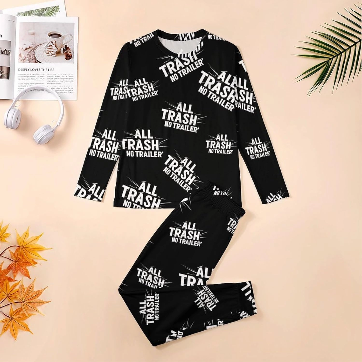 All Trash No Trailer Warm Mens Pajama Sets Sleepwear Soft Loungewear Long Sleeve Top & Bottom