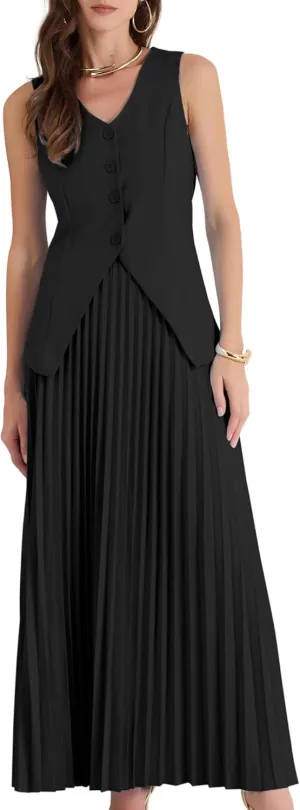 Allegra K Women's 2 Piece Summer Outfits V Neck Sleeveless Button Vest Maxi Pleated Skirts Set
