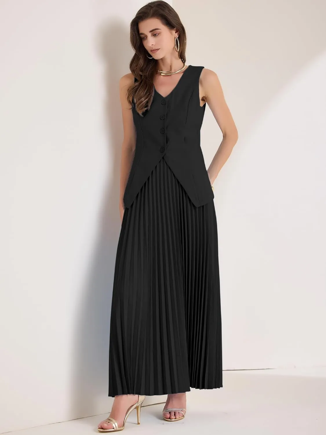 Allegra K Women's 2 Piece Summer Outfits V Neck Sleeveless Button Vest Maxi Pleated Skirts Set