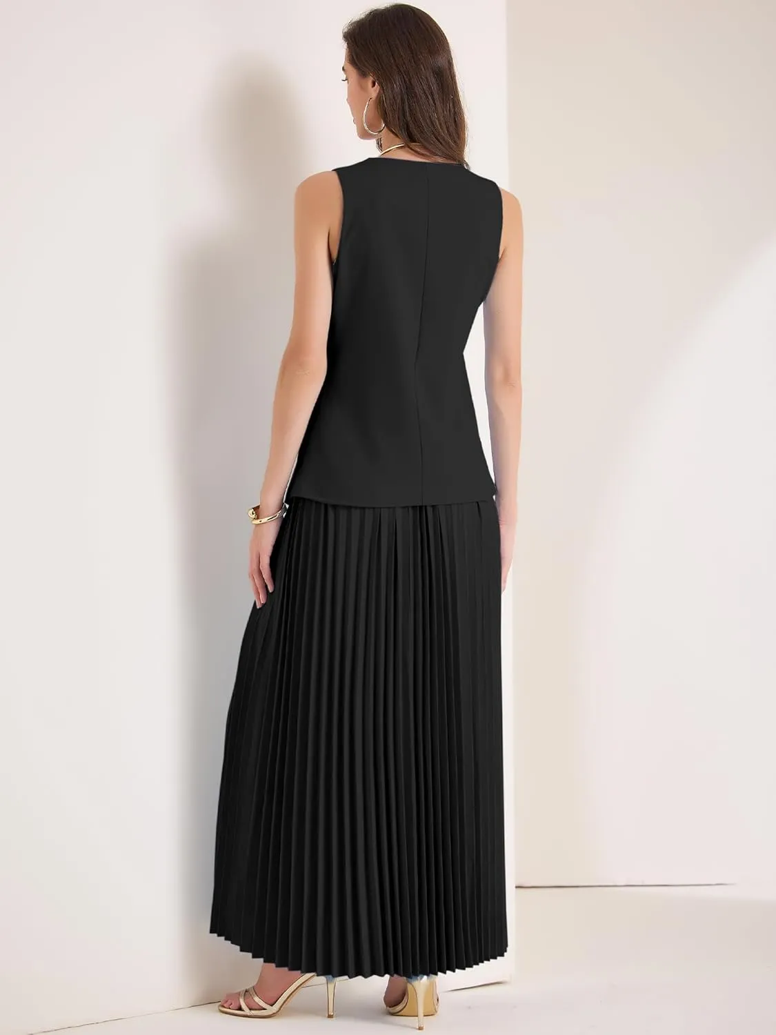Allegra K Women's 2 Piece Summer Outfits V Neck Sleeveless Button Vest Maxi Pleated Skirts Set