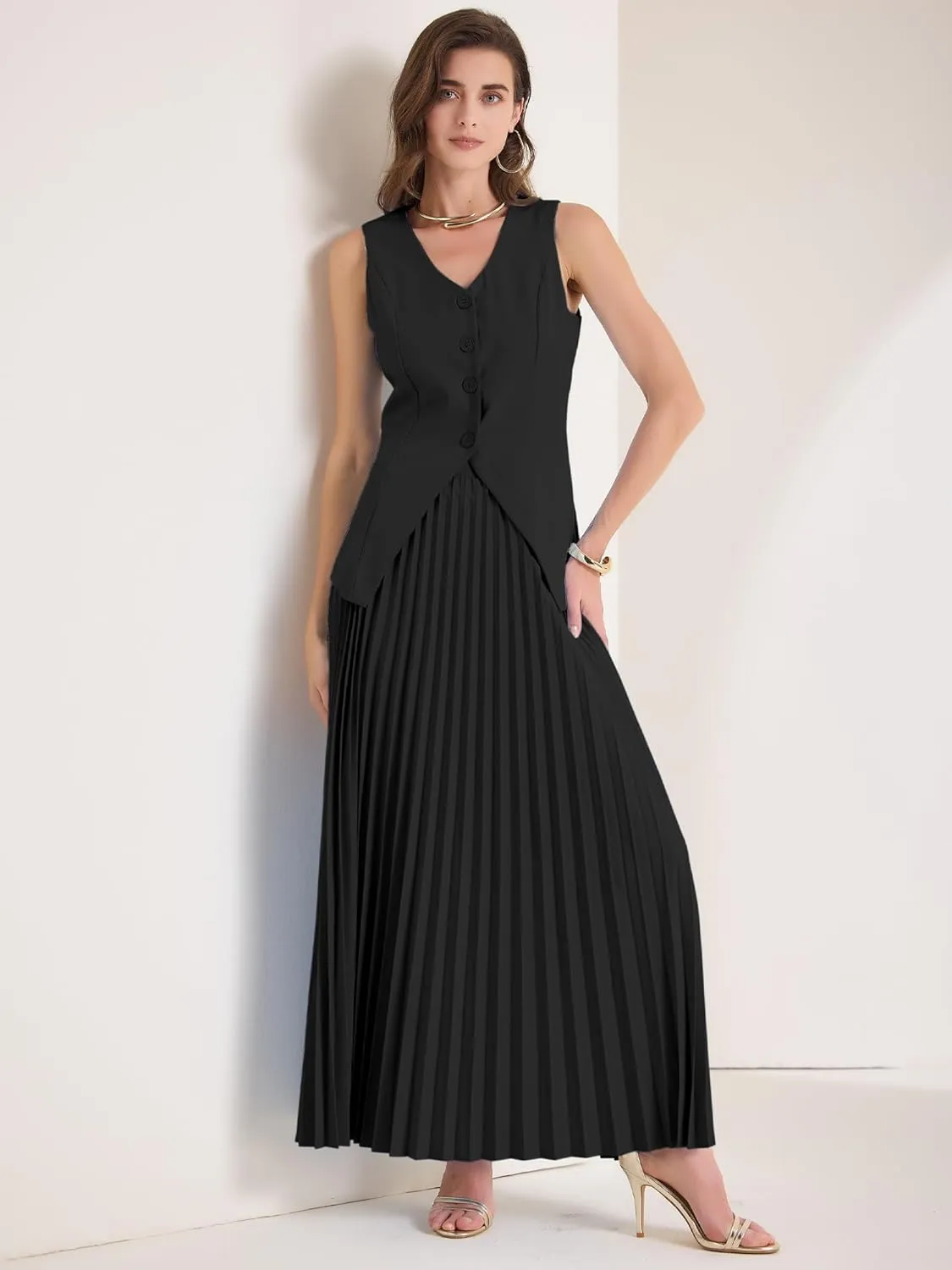 Allegra K Women's 2 Piece Summer Outfits V Neck Sleeveless Button Vest Maxi Pleated Skirts Set